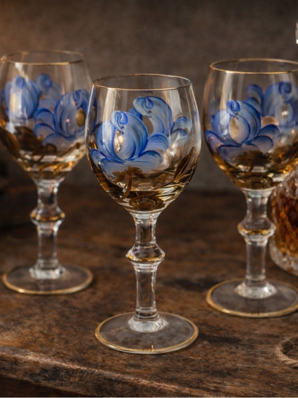 3 Hand-Painted Blue Floral brandy Glasses